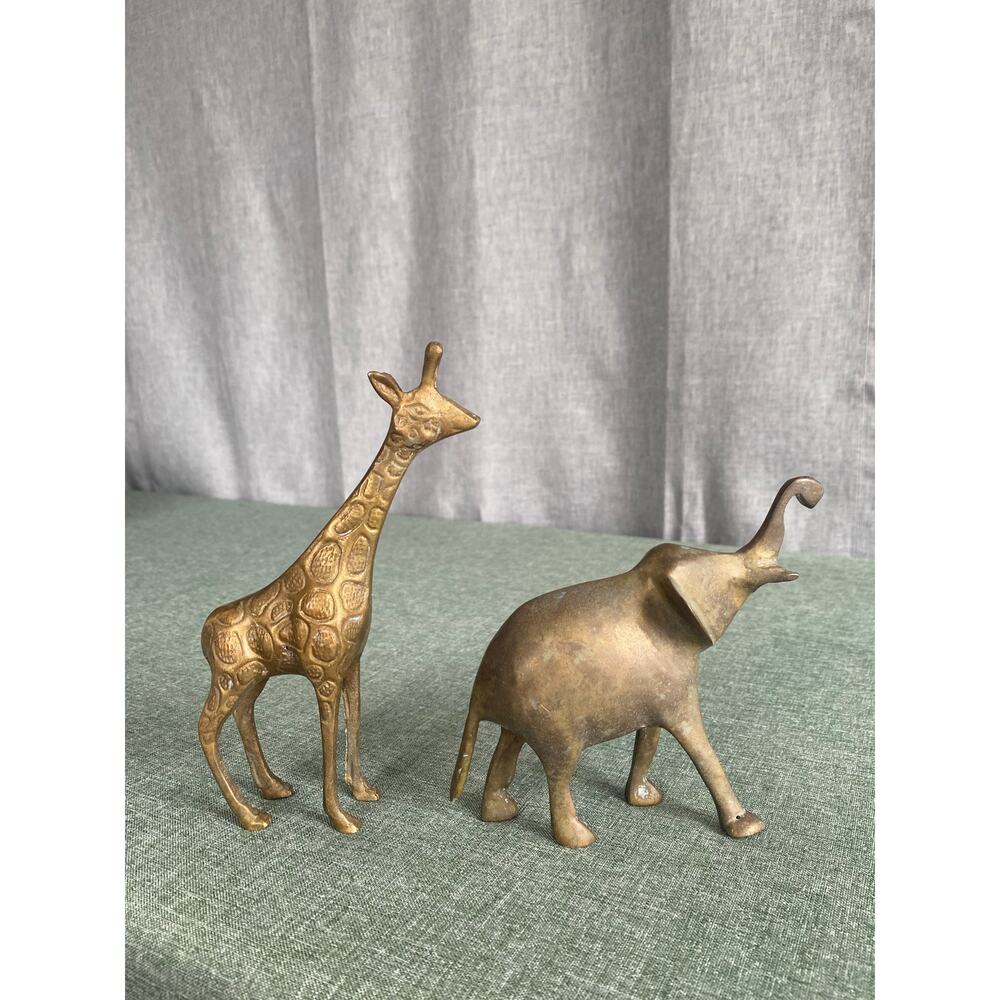 Mid-Century Brass Animal Statues - Good Luck Elephant and Spotted Giraffe Set